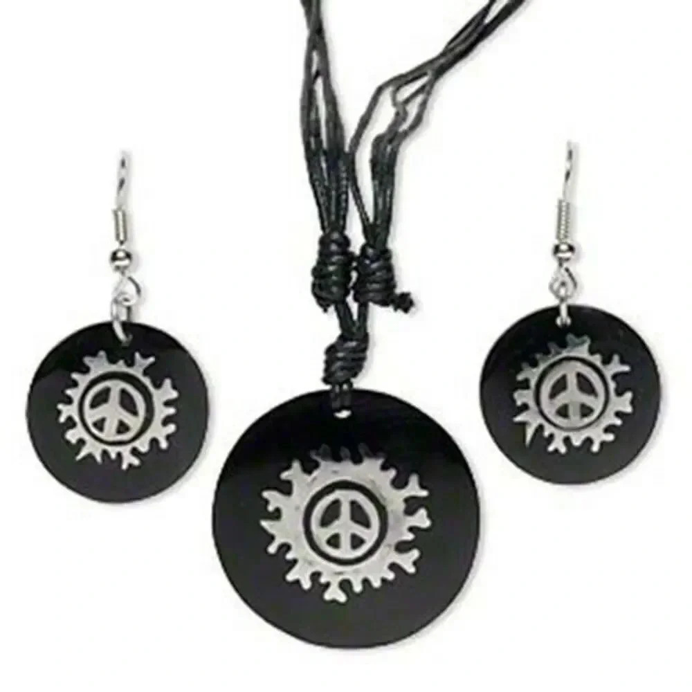 Black Resin & Stainless Steel Mod Retro Peace Sign Necklace Earrings Jewelry Set